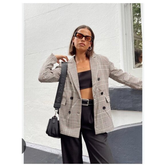 Princess Polly Jackets & Blazers - Princess Polly Tan Black Houndstooth Double-Breasted Blazer